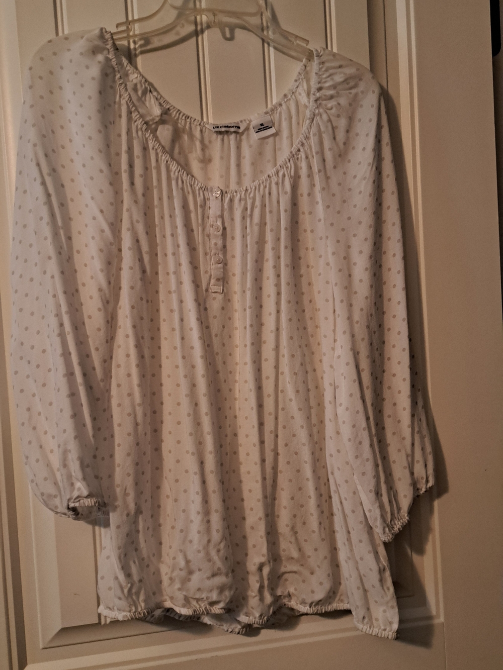 Liz Claiborne White Peasant Blouse with Light Gray Polka Dots